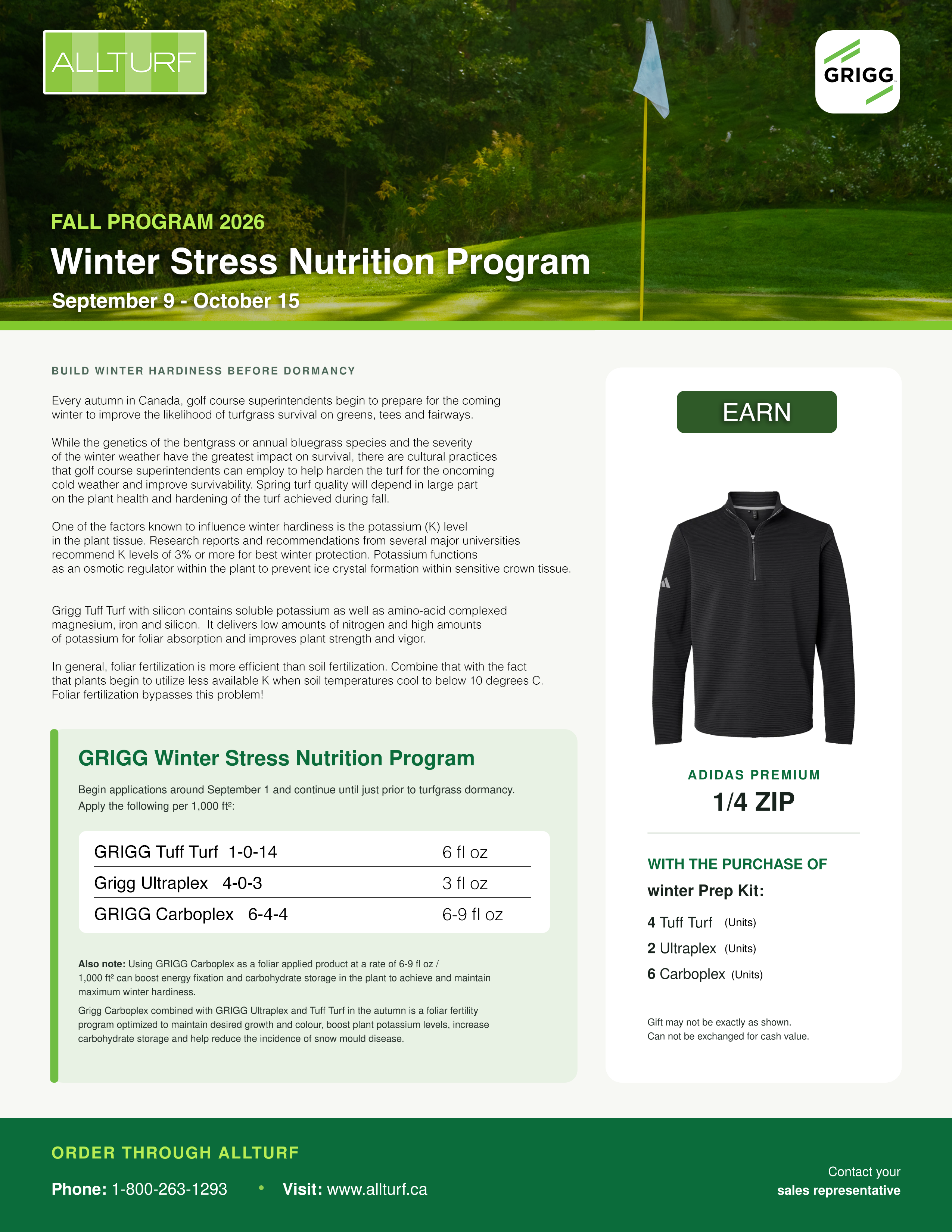 GRIGG Winter Stress Nutrition Program with fall application details and Adidas quarter-zip promotion